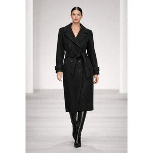 Donnybrook Black Wool Cashmere Long Coat Belted Double Breasted Women 16W Classi